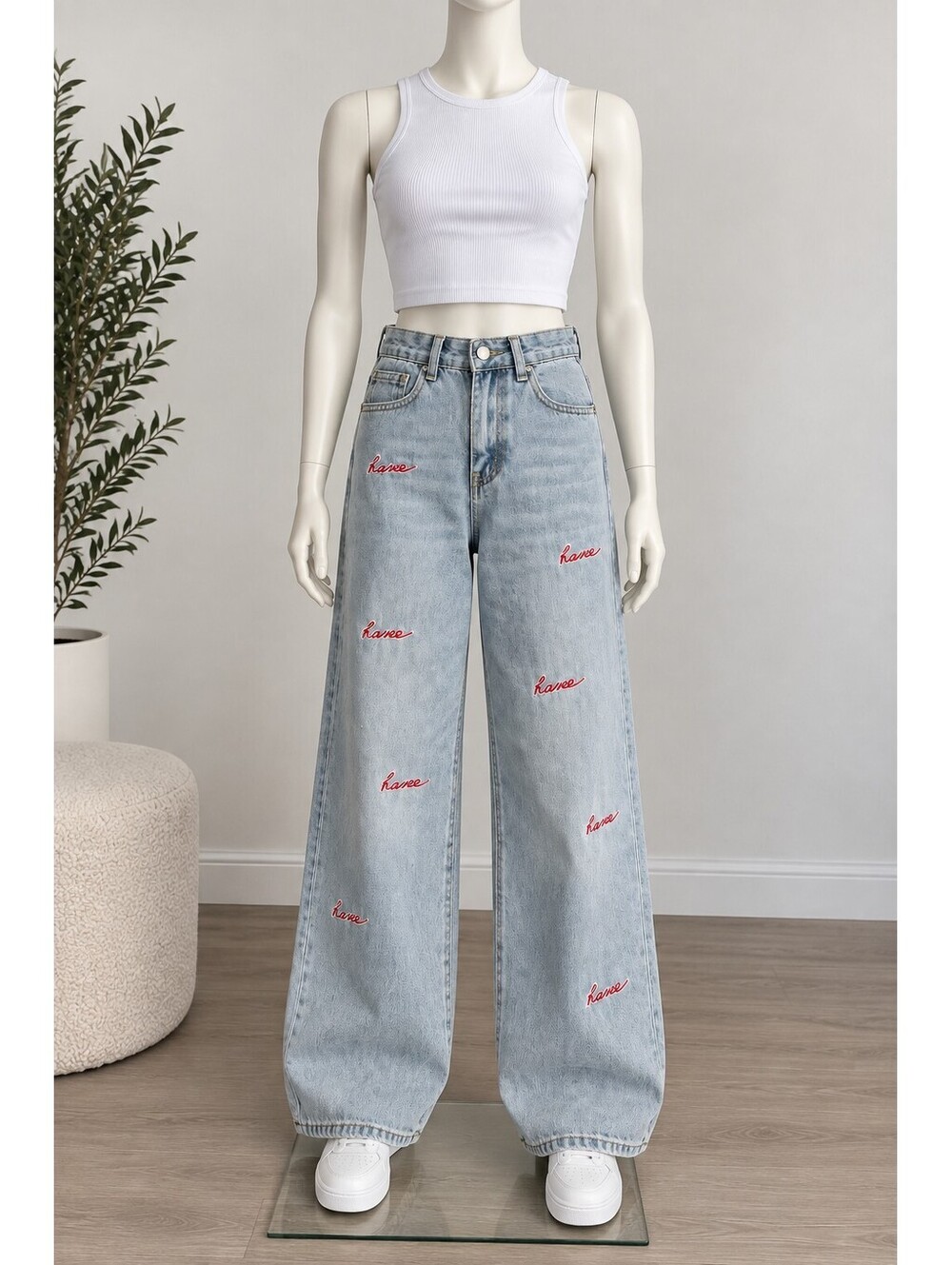 Women’s Wide Leg Jeans Light Wash Red Embroidery Y2K